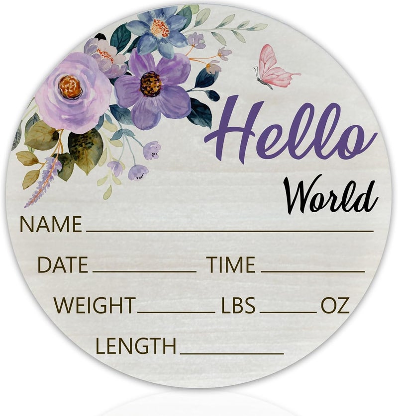 CLHHM Hello World Purple Rose Baby Name Sign Birth Announcement Plaque with Name Date Weight 6" Round Birch Wood Nursery Decor Newborn Hospital Keepsake Gift for Parents - Image 1